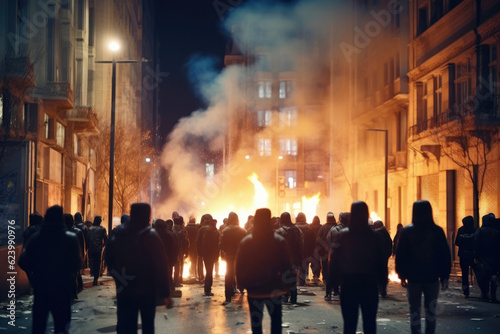 Obraz na płótnie Cloaked Commotion: Unfolding City Riots. Generative AI