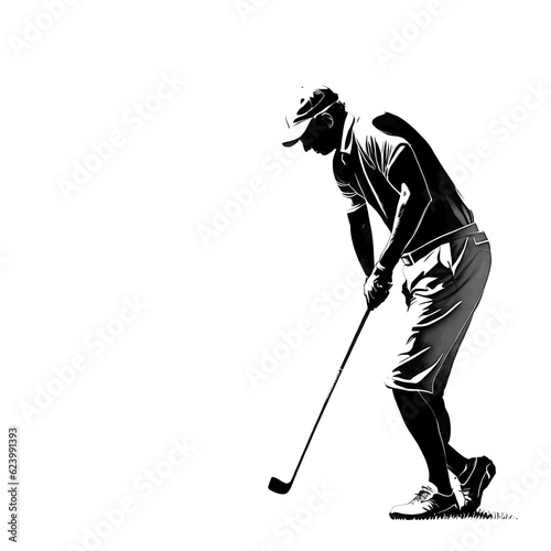 Black silhouette of a man golfing. (AI-generated fictional illustration)
