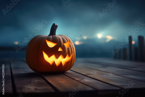 Halloween Pumpkin on orange background, AI.