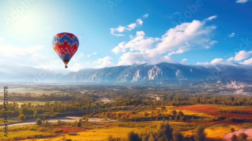 Hot Air Balloon Floats Over Breathtaking Scenery. Generative AI