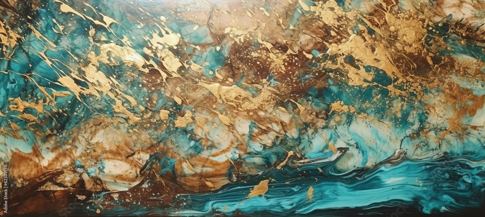 Abstract liquid teal and gold splash marble texture background. Generative AI technology.