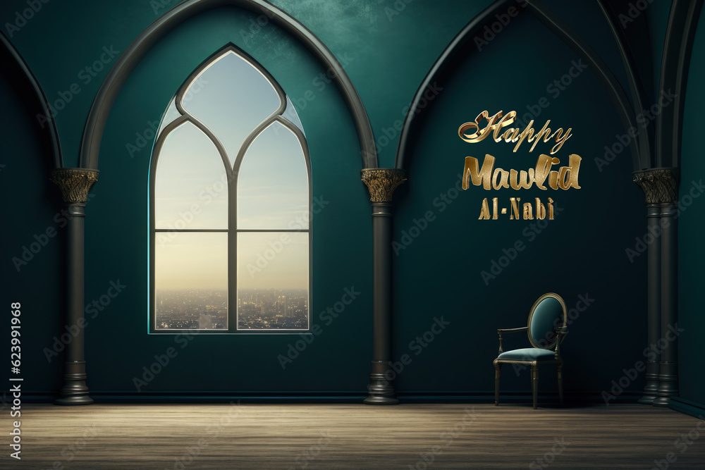 Happy mawlid al-nabi, The celebration of the birthday of the Prophet Muhammad, Rabi al-Awwal, Islam Sunnis and Shiites, Hamd, tasbih, public processions, naat. Postcard banner Greeting card.