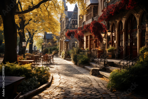 Autumn city landscape, orange golden foliage, fall wallpaper, AI Generated