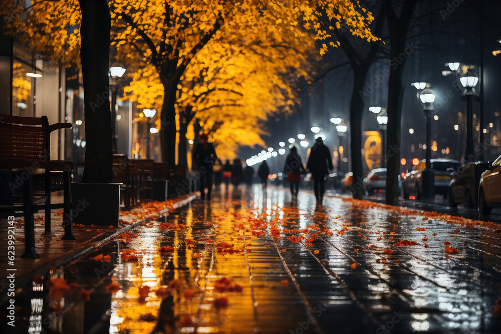Autumn city landscape, orange golden foliage, fall wallpaper, AI Generated