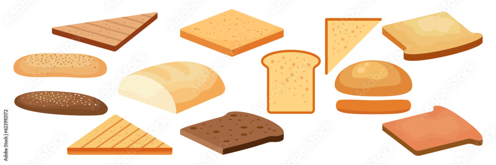 Set of ingredients for burger and sandwich. Sliced veggies, bun, cutlet, sauce. Vector illustration cartoon flat icon collection isolated on white Set of ingredients for burger and sandwich. Sliced veggies, bun, cutlet, sauce. Vector illustration cartoon flat icon collection isolated on white