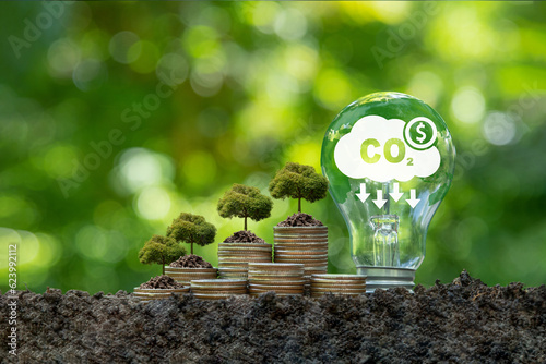 Carbon credit icons is on a light bulb and stack of coins. Carbon credit concept. Tradable certificate to drive industry and company in the direction of low emissions in efficiency cost.