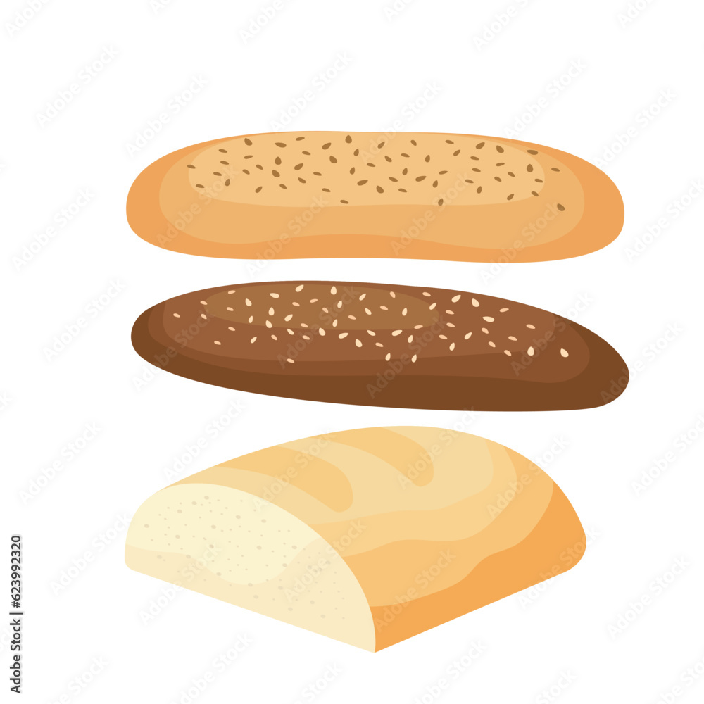 Set of ingredients for burger and sandwich. Sliced veggies, bun, cutlet, sauce. Vector illustration cartoon flat icon collection isolated on white Set of ingredients for burger and sandwich. Sliced veggies, bun, cutlet, sauce. Vector illustration cartoon flat icon collection isolated on white