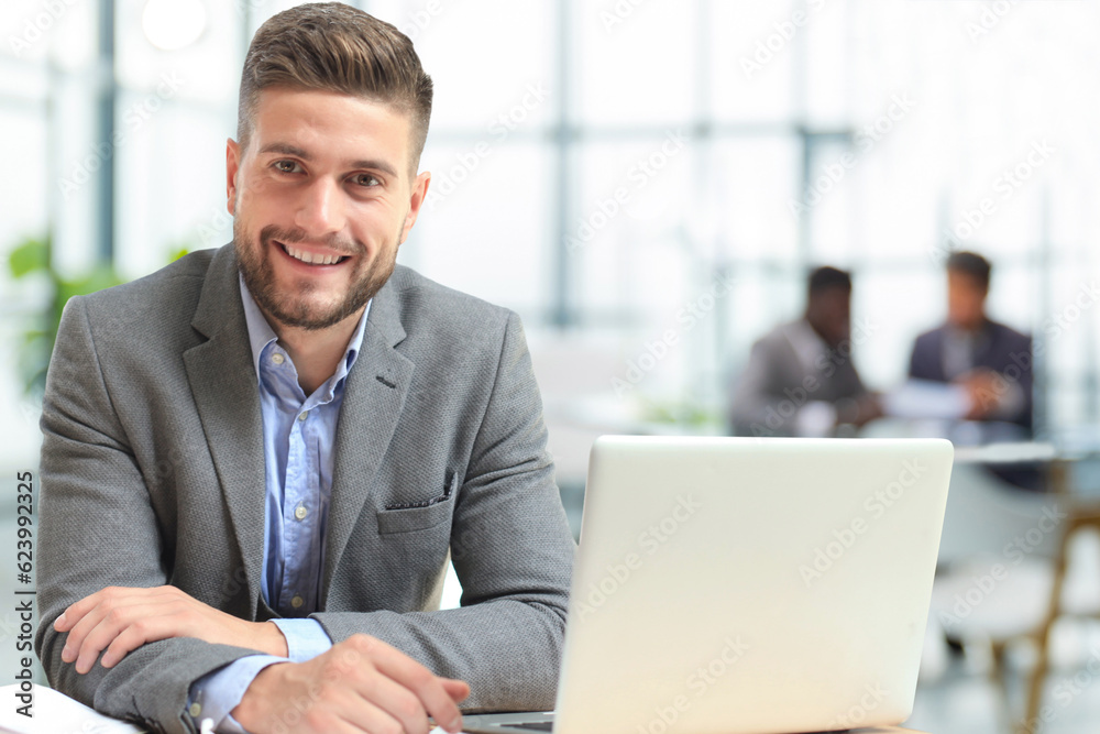 Portrait of a cheerful young businesswoman sitting at the table in office and looking at camera. Portrait of a cheerful young businesswoman sitting at the table in office and looking at camera.