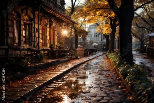 Autumn city rainy landscape, orange golden foliage, fall wallpaper, AI Generated