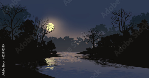 Tranquil night over forest river with moonrise