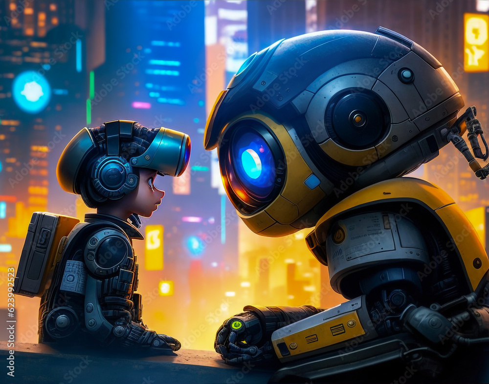 a robot and a child face to each other moment Generative AI a robot and a child face to each other moment Generative AI