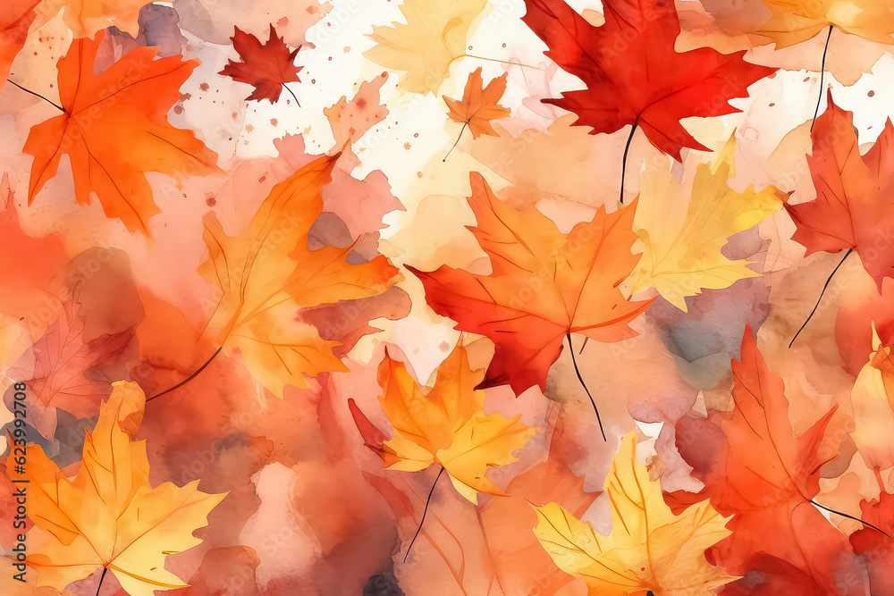 Fototapeta premium Beautiful seamless autumn pattern with watercolor colorful maple leaves. AI