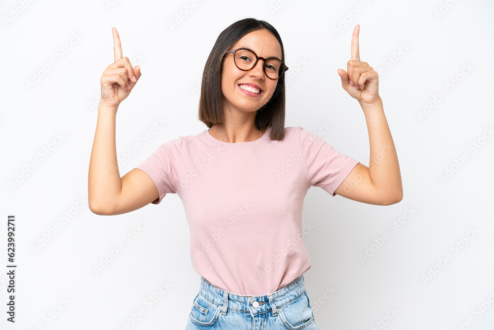 Young caucasian woman isolated on white background pointing up a great idea