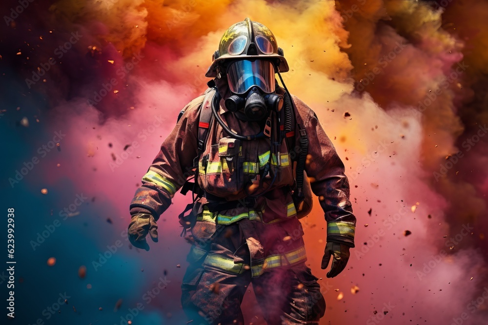 Fototapeta premium Brave Firefighter Reaching Out to Conquer the Flames with Vibrant Colors and Detailed Costume, Generative AI