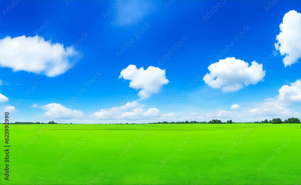 Fototapeta premium Green meadow and blue sky, Generative AI Illustration.