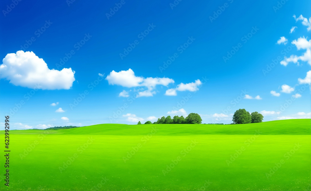 Fototapeta premium Green meadow and blue sky, Generative AI Illustration.