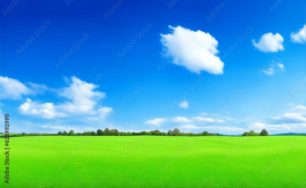 Green meadow and blue sky, Generative AI Illustration. Green meadow and blue sky, Generative AI Illustration.