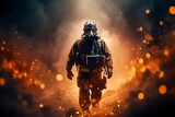 Dynamic Firefighter Man Walking Through Smoke with Gas Mask On Background, Generative AI