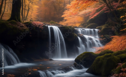 Autumn forest with waterfall  Generative AI Illustration.