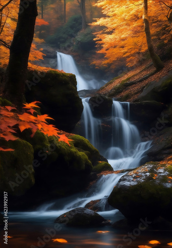Autumn forest with waterfall, Generative AI Illustration.