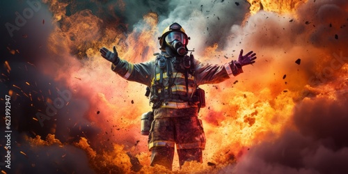 Brave Firefighter Reaching Out to Conquer the Flames with Vibrant Colors and Detailed Costume, Generative AI