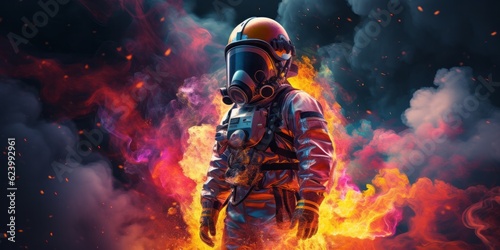 Brave Firefighter Reaching Out to Conquer the Flames with Vibrant Colors and Detailed Costume, Generative AI