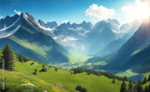 Summer landscape with mountains  Generative AI Illustration.