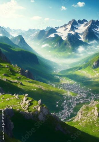 Summer landscape with mountains, Generative AI Illustration.