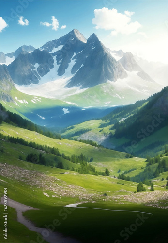 Summer landscape with mountains, Generative AI Illustration. © Creative_Bringer