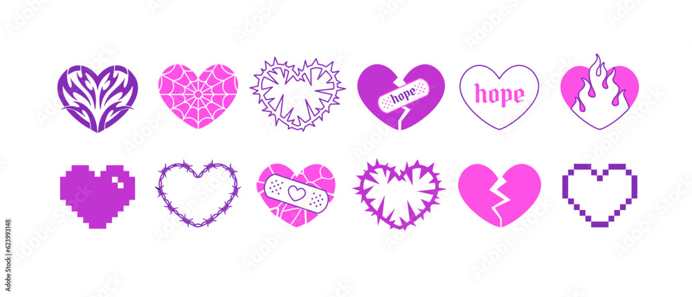 Gothic Punk Y2k Hearts Aesthetic 2000s tattoo art stickers. Vector Pink hearts with barbed wire, fire, hope, love. Neo tribal style heart tattoo