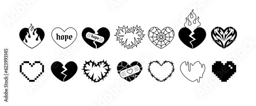 Y2k Gothic Punk Hearts tattoo art stickers. Vector black hearts with barbed wire, fire, hope, love. Neo tribal style heart tattoo. Aesthetic 2000s goth girly icons