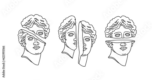 Abstract ancient antique sculpture greek god or goddess contemporary pop art poster. Vector Line tattoo art Apollo or Venus head section for beauty and fasion logos and print design