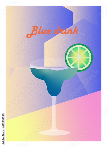 poster bule cocktail with lemon retro style, vignette texture	