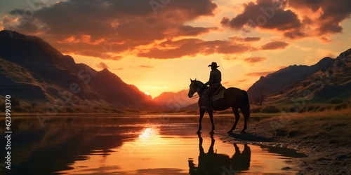 Mesmerizing Sunset Ride: Silhouette Cowboy on Horseback Amidst a Breathtaking Sunset © idaline!