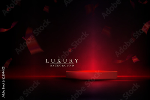 Dark red composition with tinsel and round isolated podium