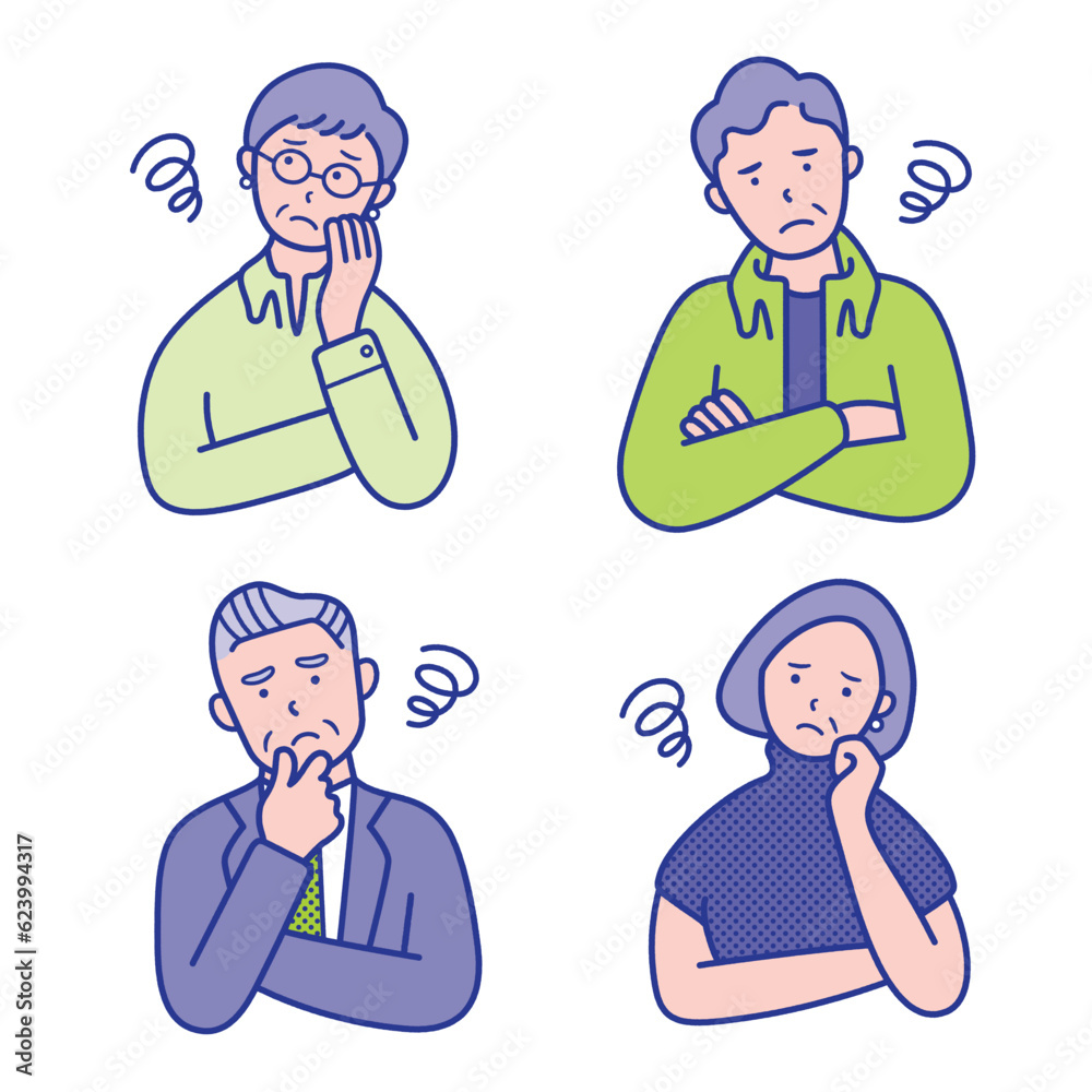 モヤモヤするシニアの男女の上半身イラスト素材【セット】