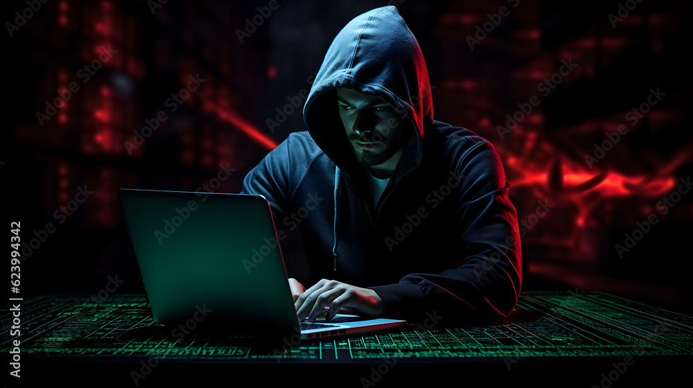 Hacker in the hood silhouette in the dark. Generative AI Hacker in the hood silhouette in the dark. Generative AI