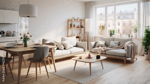 Studio apartment with dining table and chairs interior design of modern living room generative ai