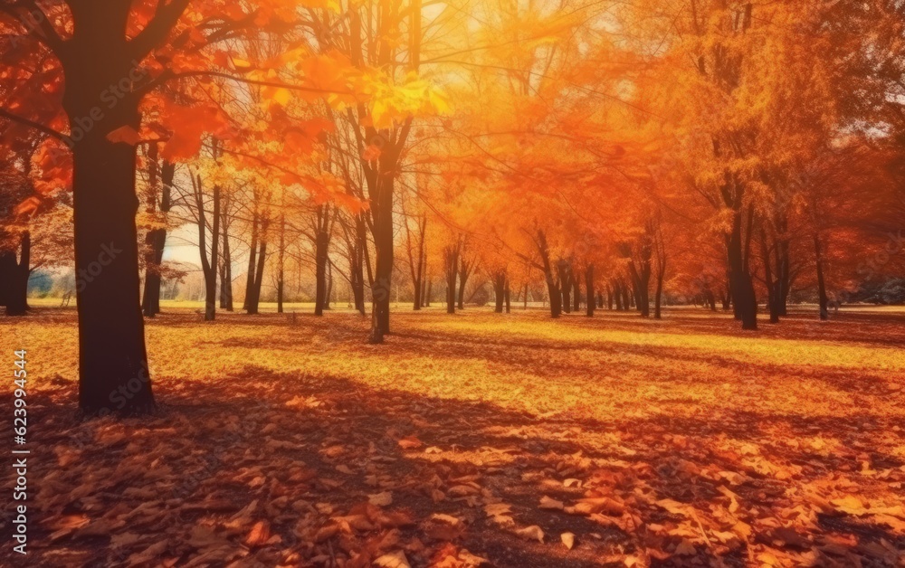 Autumn landscape with the sun warmly and the maple tree, Generative AI