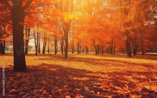 Autumn landscape with the sun warmly and the maple tree  Generative AI