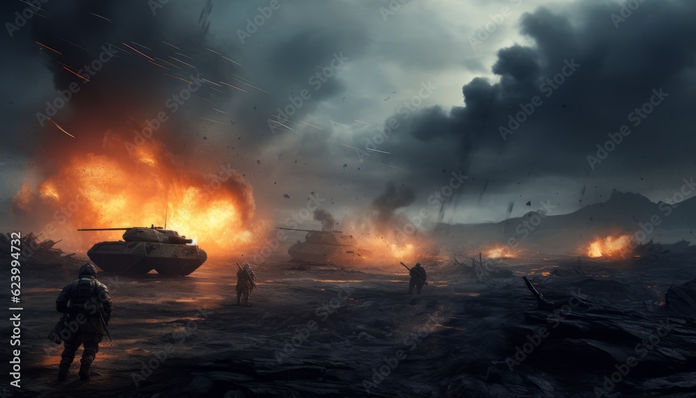 An epic battlefield during the post-apocalypse. Cinematic Dramatic Futuristic Fantasy..Cruel war scenes, digital painting