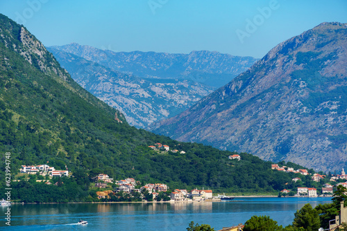 view of the coast of the Bay of Kotor, Montenegro, sea and mountains, the concept of traveling in the Balkans