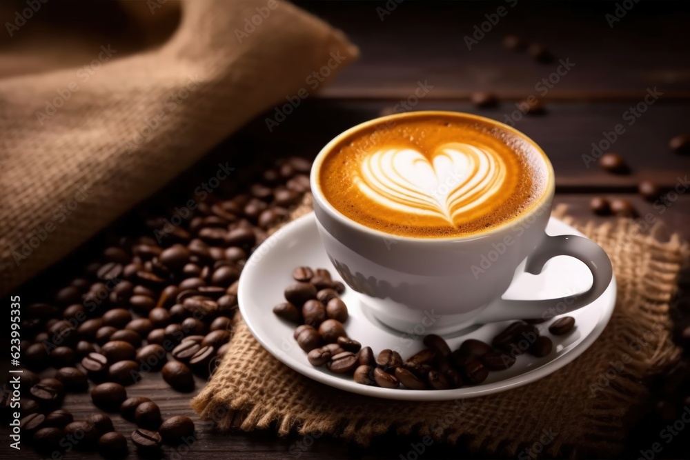Cup of coffee latte with heart shape and coffee beans on old wooden background, Generative AI Cup of coffee latte with heart shape and coffee beans on old wooden background, Generative AI