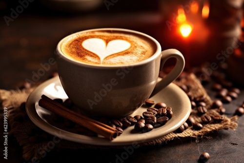 Cup of coffee latte with heart shape and coffee beans on old wooden background, Generative AI