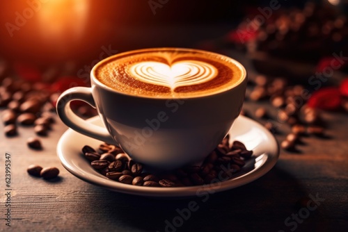Cup of coffee latte with heart shape and coffee beans on old wooden background  Generative AI