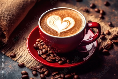 Cup of coffee latte with heart shape and coffee beans on old wooden background  Generative AI