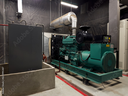 Very large power diesel generators in factories and buildings for emergencies. Modern technology industrial equipment factory