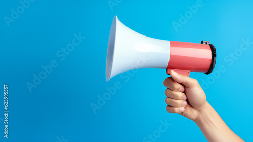 Hand holding megaphone on blue background. Making announcement. empty copy space on the side. Generative AI.