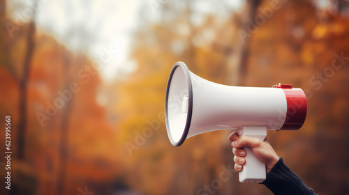 Hand holding megaphone on color background. Making announcement. empty copy space on the side. Generative AI.