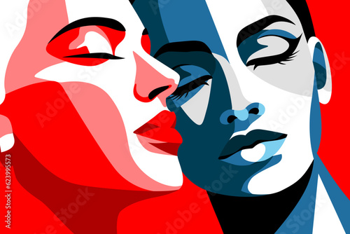 Two young women. Couple in love, female faces. Beautiful fashion portrait, vector illustration